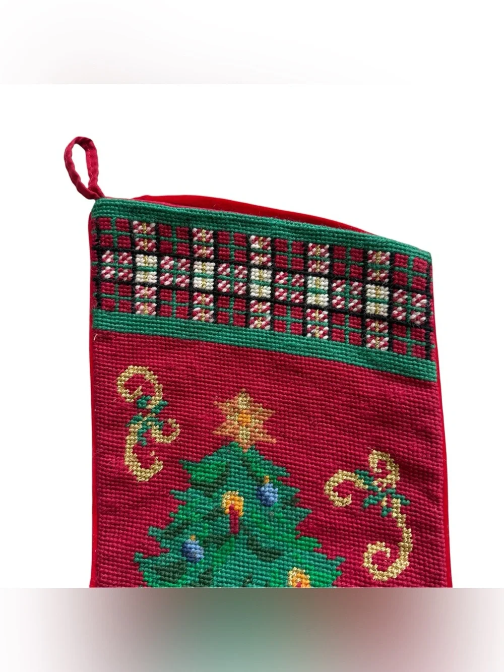 Vintage Wool Needlepoint Christmas Stocking Nutcracker Fir Grandmillennial Decor